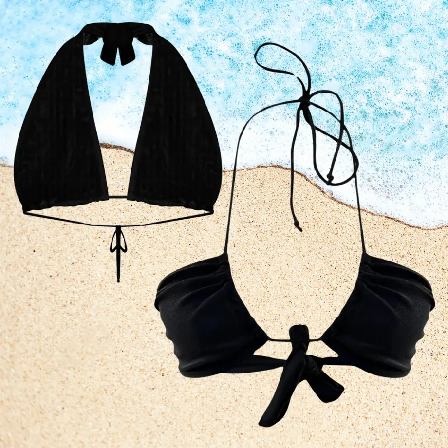 Avery black halter triangle tan-through bikini top, front and back views