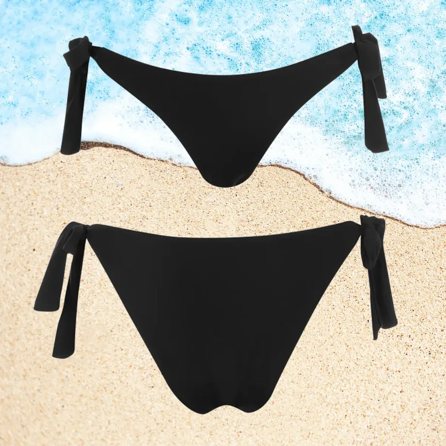 Jordan black ribbon tie-side tan-through bikini bottom, front and back views