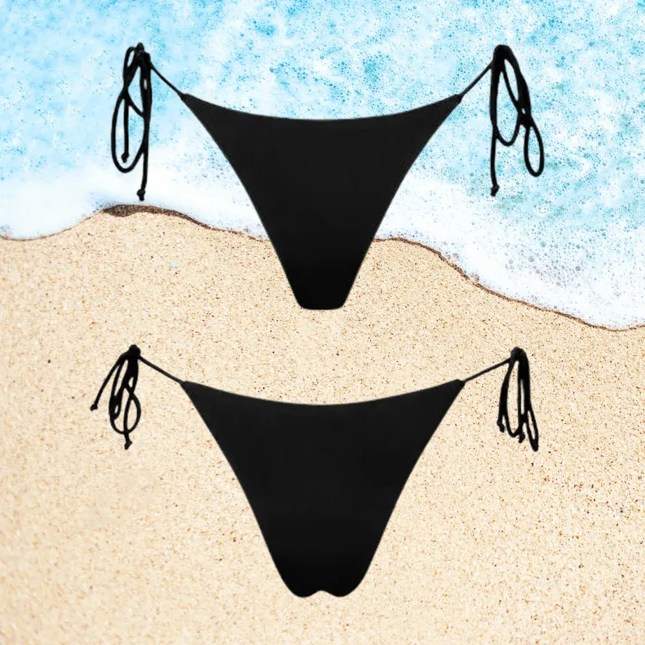 Riley black tie-side tan-through bikini bottom, front and back views
