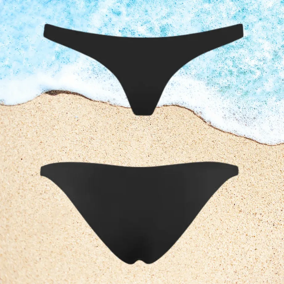Taylor black mid-rise cheeky tan-through bikini bottom, front and back views